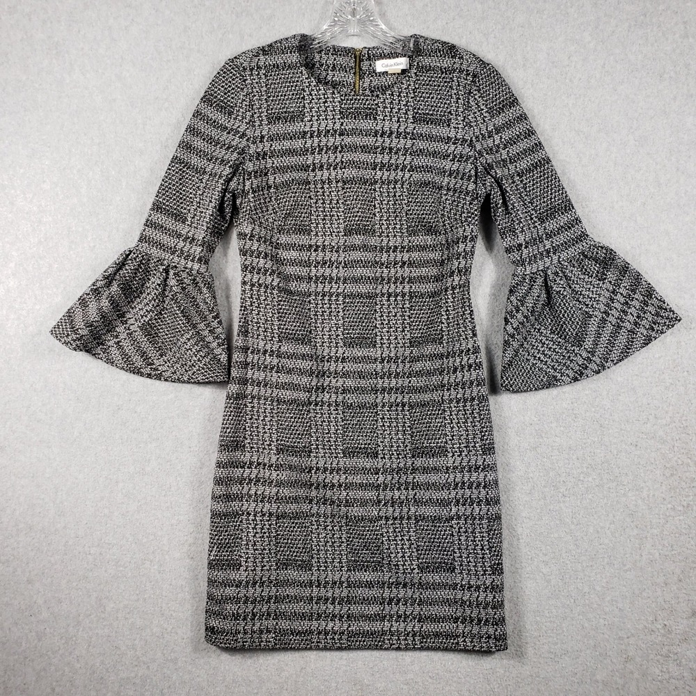 Calvin Klein‎ Tweed Bell Sleeve Sheath Dress Black White Size 4 Office Heritage